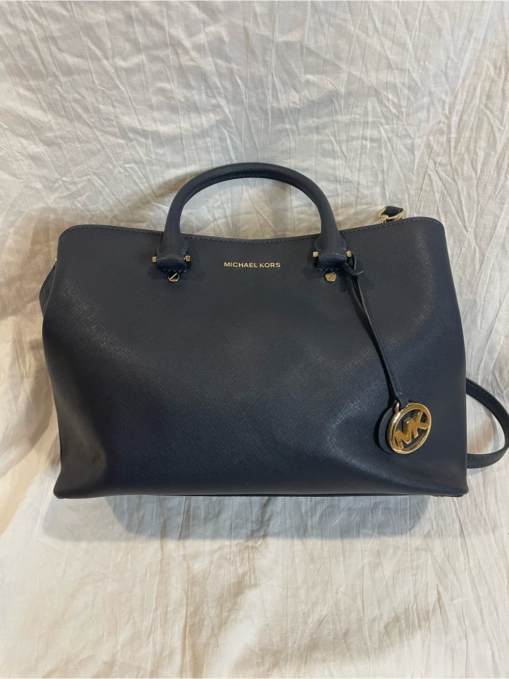 Michael Kors Navy Saffiano Leather Satchel Crossbody Bag Gold Logo Charm